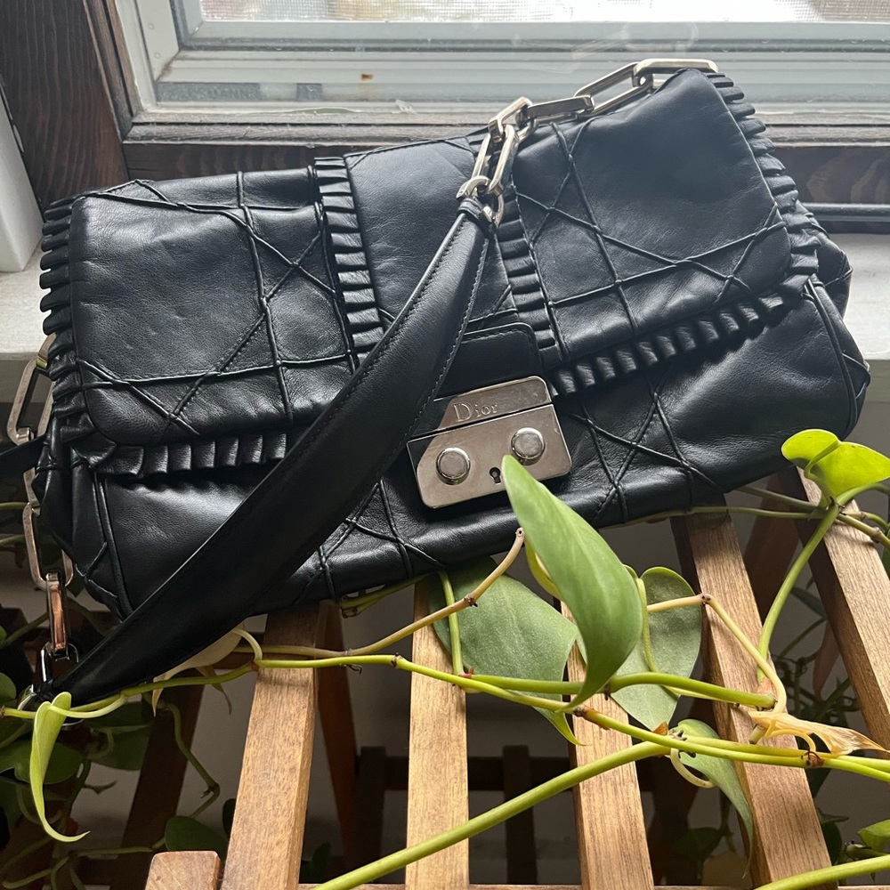 Dior John Galliano Ruffle Trim Black Shoulder Bag